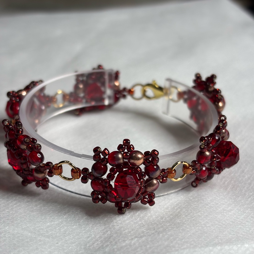 Hand Crafted Link Bracelet Garnet Color Glass Beads 7 Inches Lobster Claw Clasp